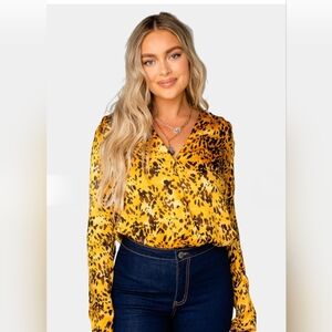 Buddy Love Melissa Surplice Long Sleeve Tortoise Shell Bodysuit Size L